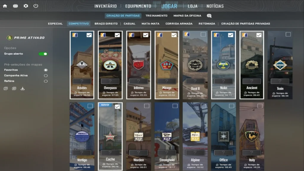 Mapas de CS2: conheça todos os mapas competitivos do Counter-Strike 2 2 Tela de seleção de mapas disponíveis no modo competitivo de Counter-Strike 2 (CS2), exibindo as opções de matchmaking oficial da Valve.