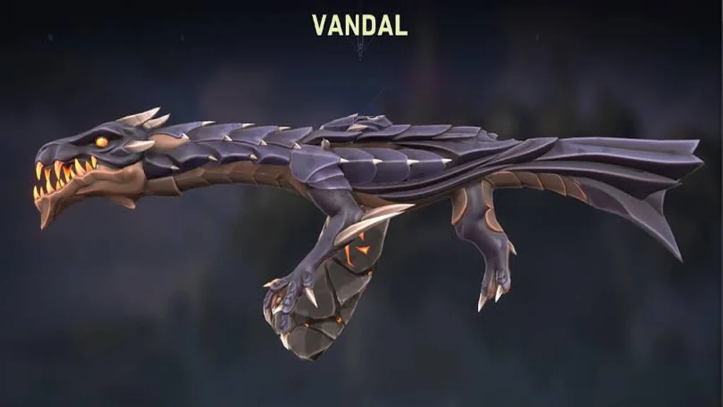 Mercado Noturno no Valorant: o que é, como funciona e quando aparece na loja 2 Elderflame Vandal do Valorant em formato de dragão negro com detalhes brilhantes em laranja, uma das skins mais raras e populares do jogo que não pode aparecer no Mercado Noturno.