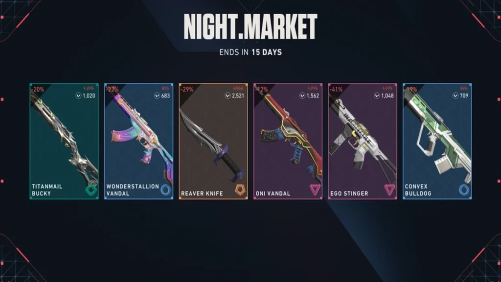 Mercado Noturno no Valorant: o que é, como funciona e quando aparece na loja 1 Mercado Noturno do VALORANT exibindo ofertas de skins com desconto, incluindo Titanmail Bucky, Wonderstallion Vandal, Reaver Knife, Oni Vandal, Ego Stinger e Convex Bulldog, em promoção por tempo limitado no evento Night Market da Riot Games.