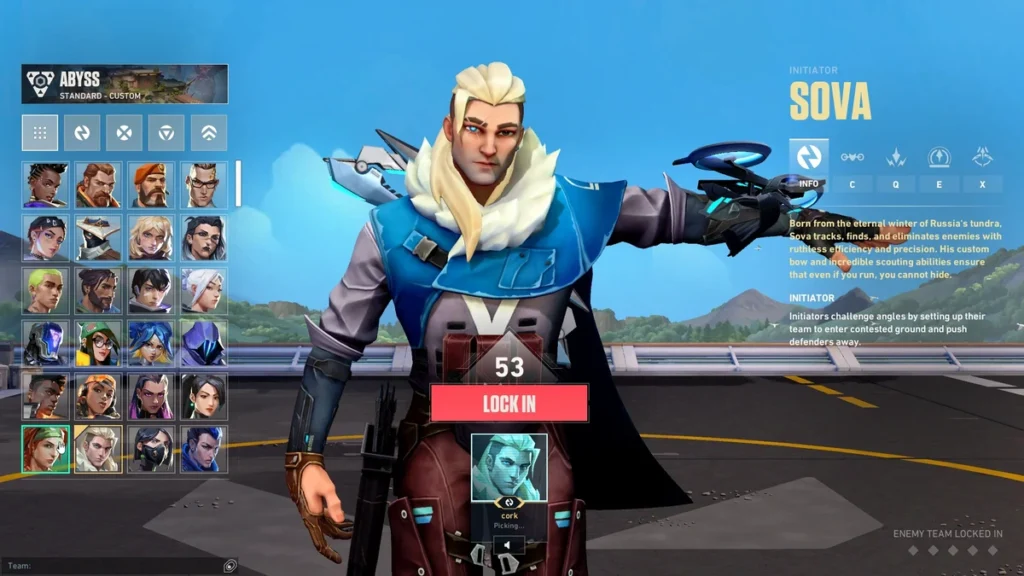 Modos de jogo Valorant: conheça todas as formas de jogar o FPS da Riot Games 1 Tela de seleção de agentes do Valorant com Sova em destaque antes do início da partida, mostrando personagens disponíveis e interface do FPS tático da Riot Games.