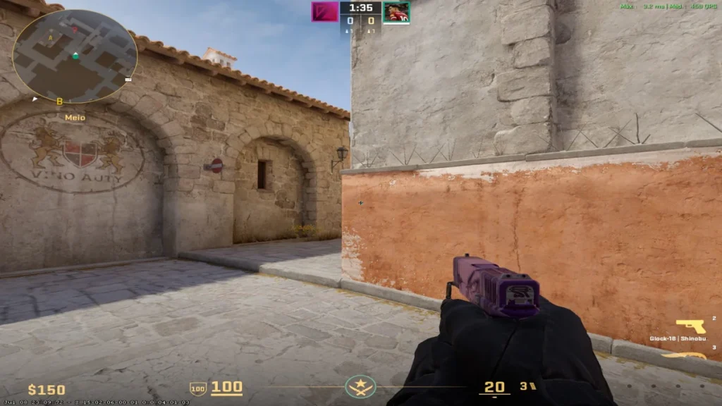 Pixel de mira no mapa Inferno do Counter-Strike 2 (CS2), mostrando posicionamento no meio para controlar ângulos e vencer confrontos durante partidas competitivas.