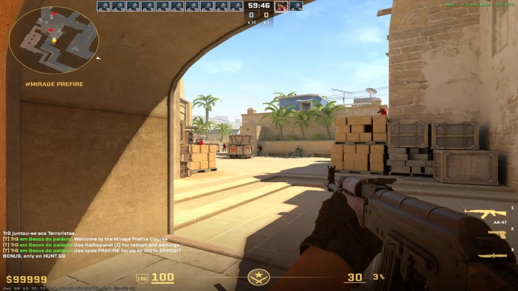 Treino de prefire no mapa Mirage do Counter-Strike 2 (CS2), com jogador utilizando uma AK-47 para praticar abertura de ângulos e posicionamento no bombsite A em mapa competitivo.